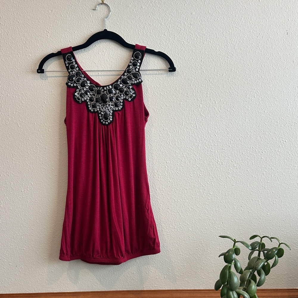Embellished Red Sleeveless Top